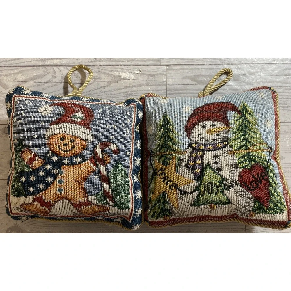 Vintage Tapestry Snowman Gingerbread Man Christmas Door Hanging Pillows (2) 6x6